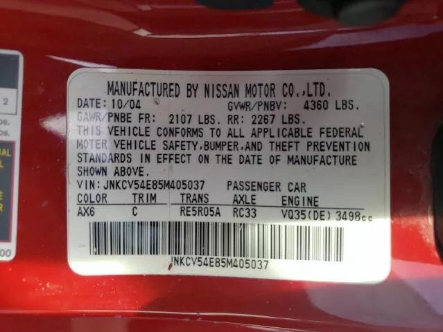 05(FRM 10/05) 06 07 INFINITI G35 05-08 FX35 M35 3.5L RWD 2WD ENGINE MOTOR VQ35DE