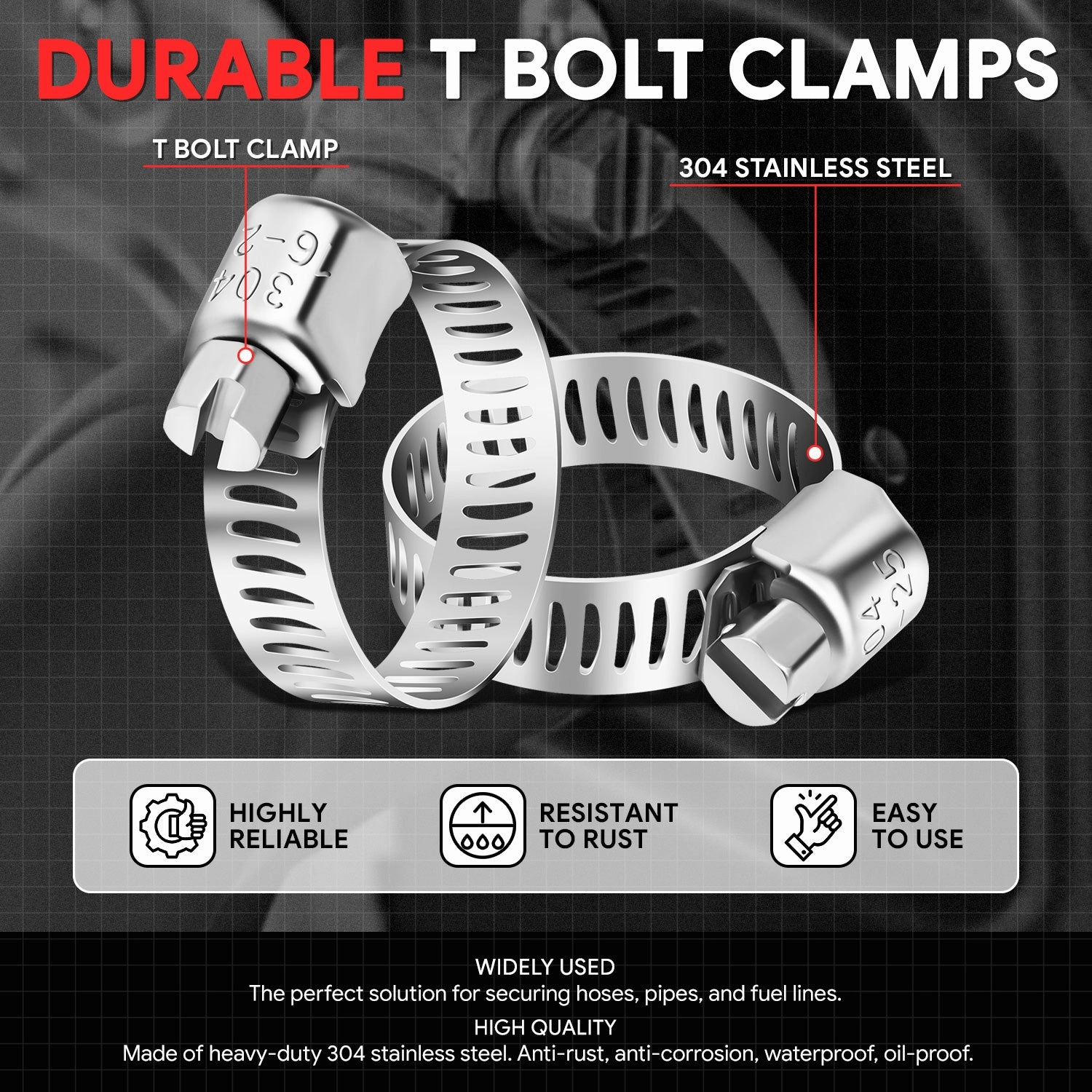 10Pcs Adjustable T-Bolt Clamps Pipe Hose Kit <br>5/8-1 in.