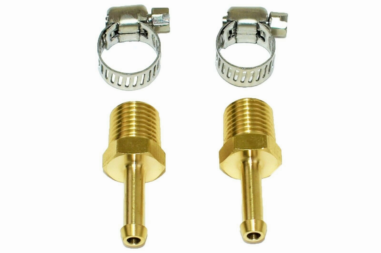 1-4" NPT (National Pipe Thread) to 1-4" hose with 2 hose clamps