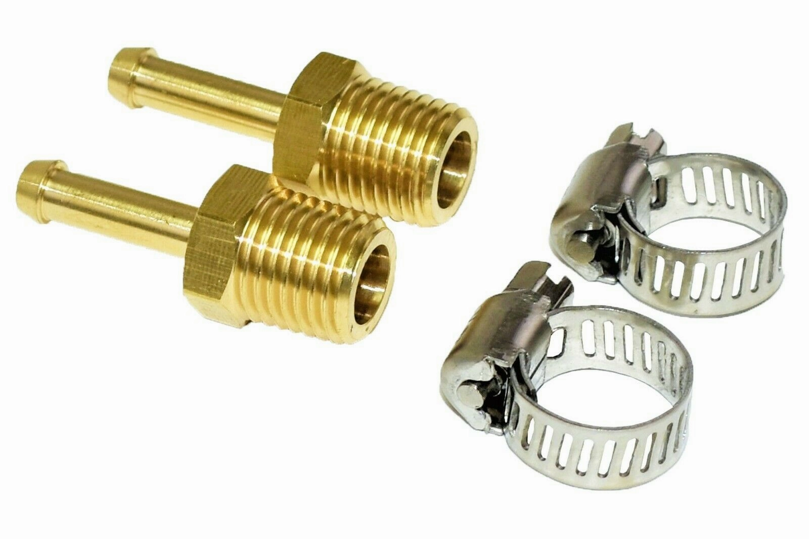 1-4" NPT (National Pipe Thread) to 1-4" hose with 2 hose clamps