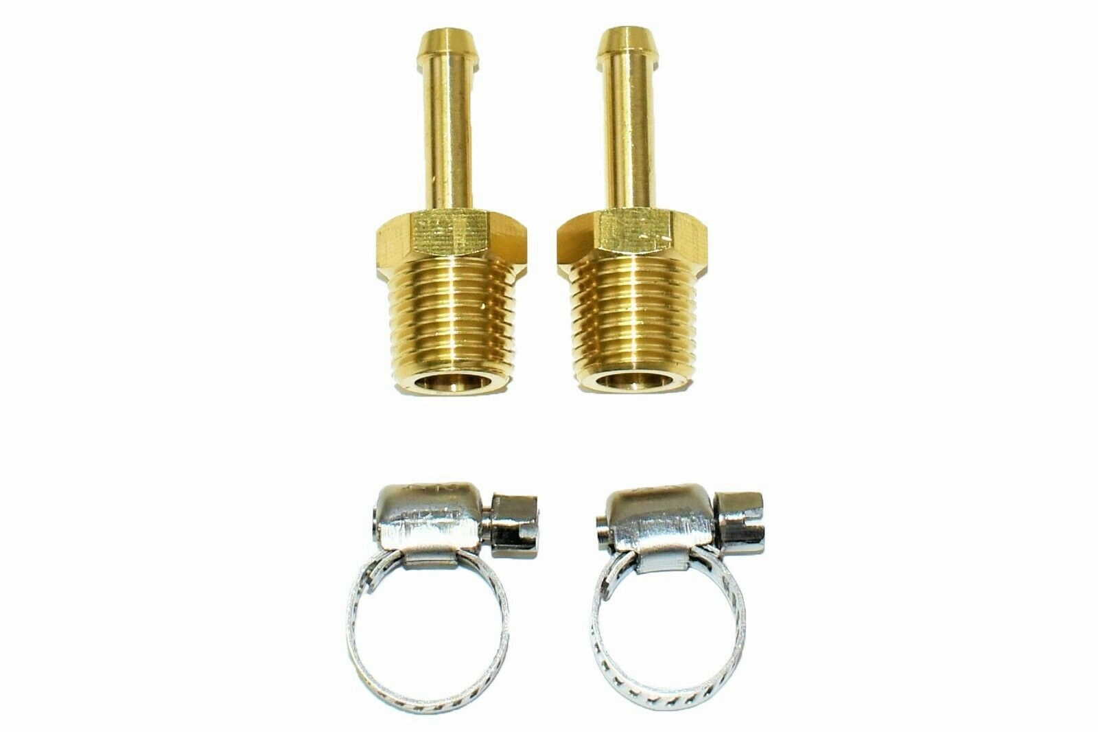 1-4" NPT (National Pipe Thread) to 1-4" hose with 2 hose clamps