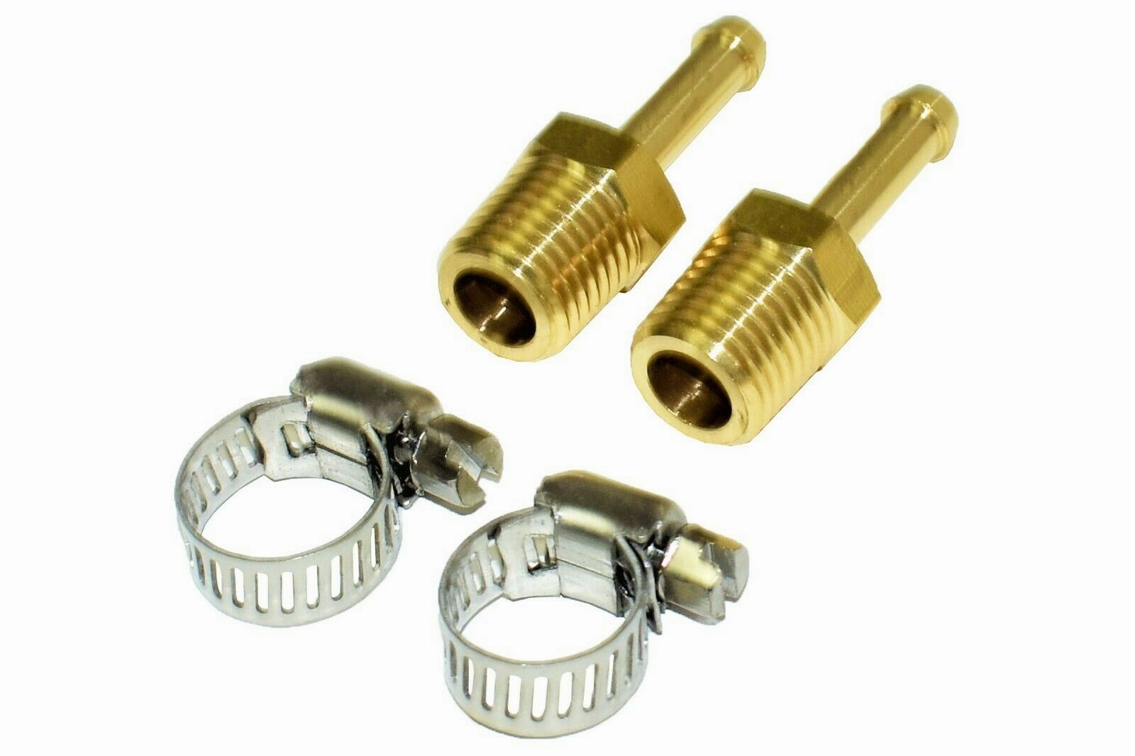1-4" NPT (National Pipe Thread) to 1-4" hose with 2 hose clamps