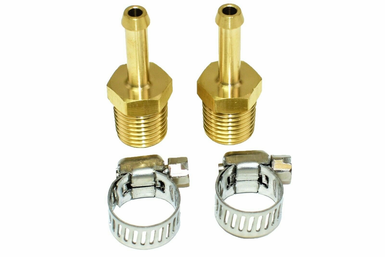 1-4" NPT (National Pipe Thread) to 1-4" hose with 2 hose clamps