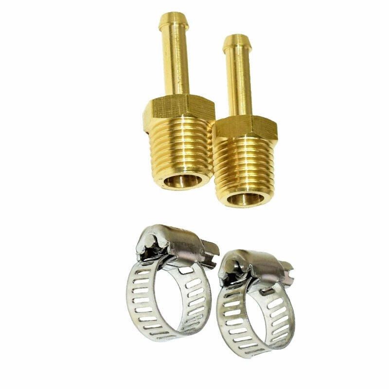 1-4" NPT (National Pipe Thread) to 1-4" hose with 2 hose clamps