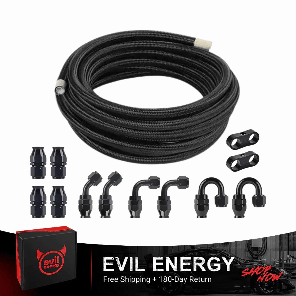 EVIL ENERGY 4/6/8/10AN PTFE Fuel Line Kit | E85 Nylon Braided Hose | 16/20FT Black Black with Comprehensive Fittings