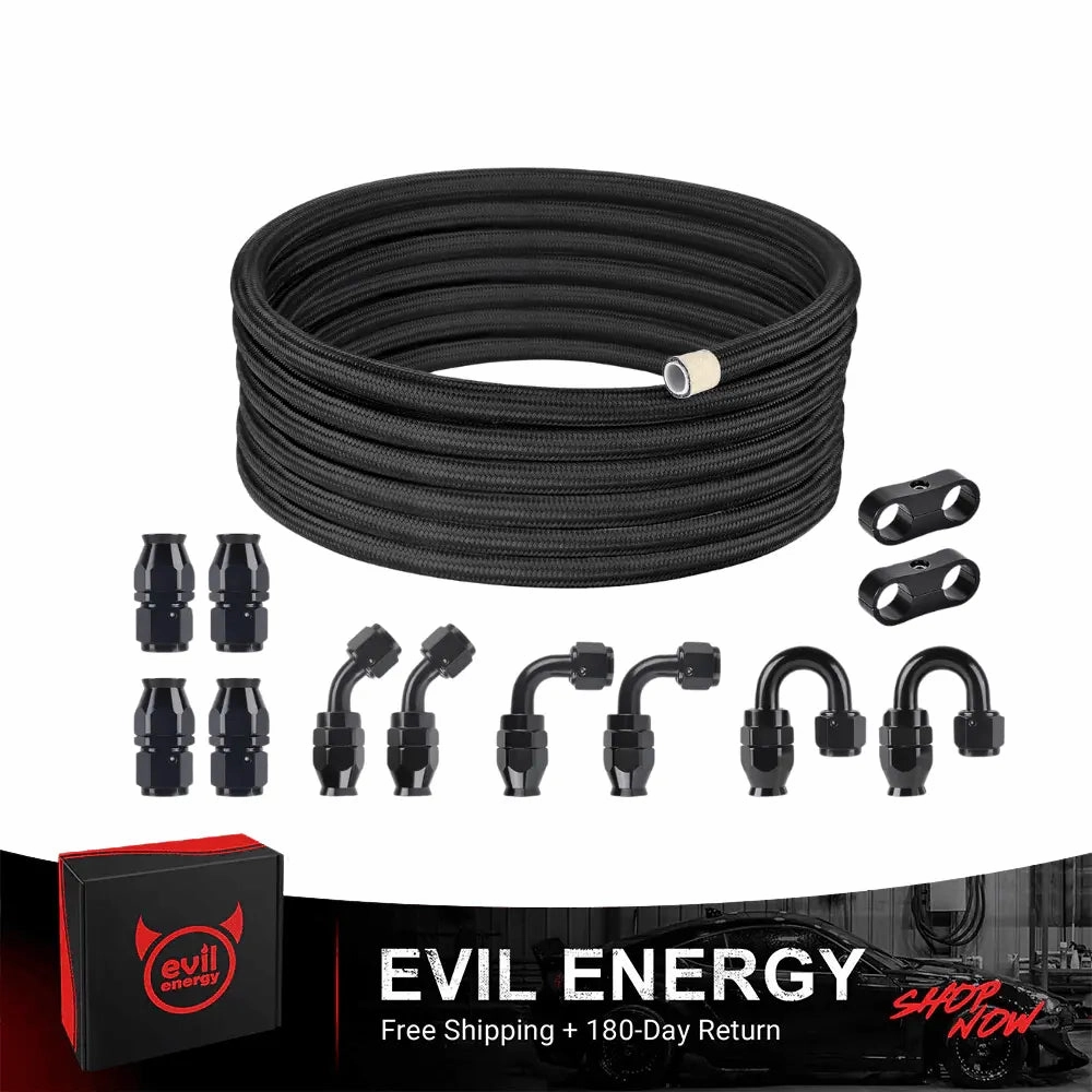 EVIL ENERGY 4/6/8/10AN PTFE Fuel Line Kit | E85 Nylon Braided Hose | 16/20FT Black Black with Comprehensive Fittings