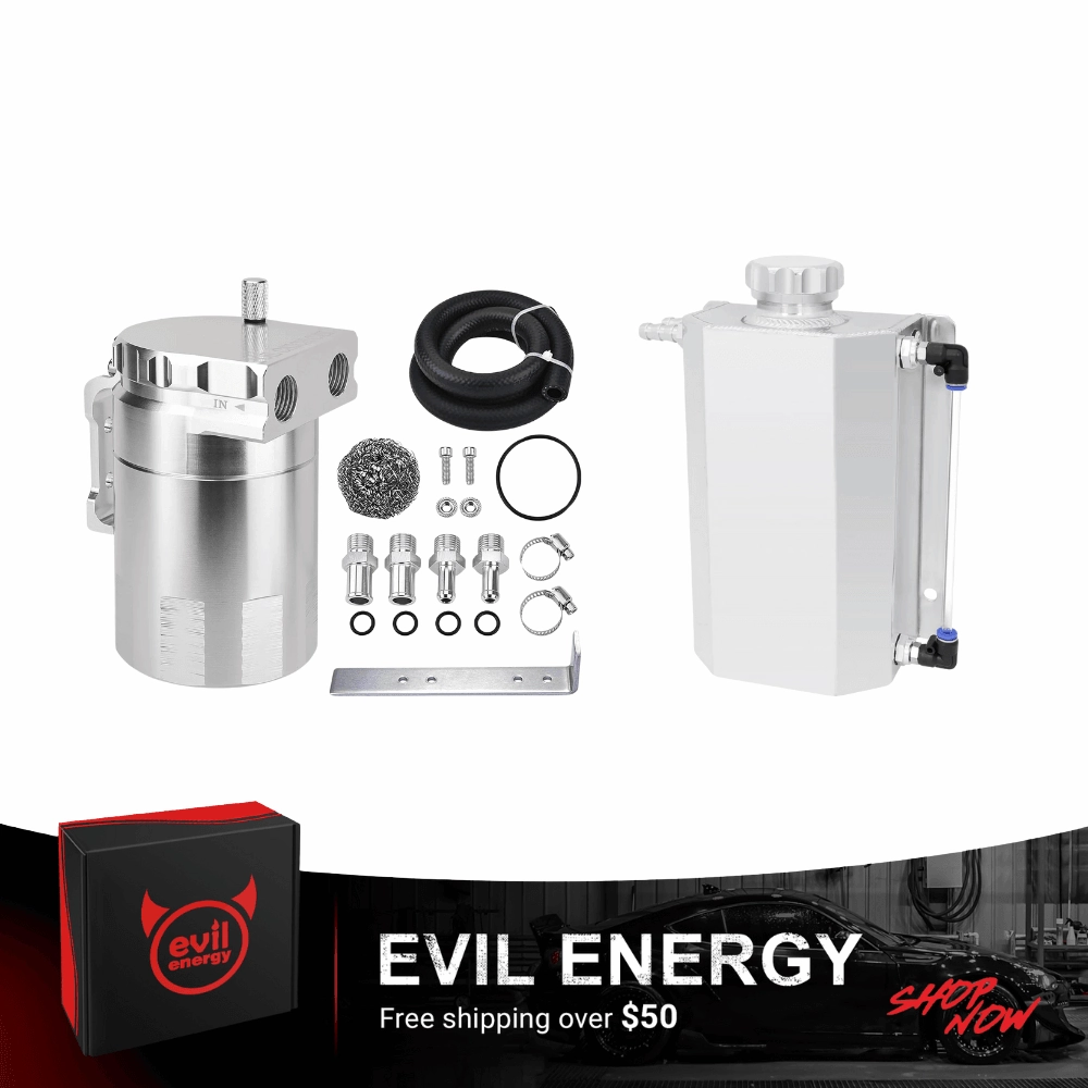 EVIL ENERGY Overflow Tank & Baffled Oil Catch Can Kit Universal Aluminum| Coolant Reservoir with 300ml Breather Filter Catch Can