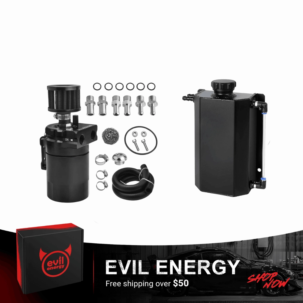 EVIL ENERGY Overflow Tank & Baffled Oil Catch Can Kit Universal Aluminum| Coolant Reservoir with 300ml Breather Filter Catch Can
