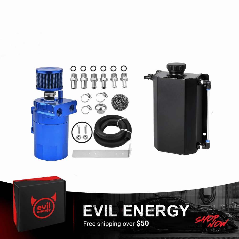 EVIL ENERGY Overflow Tank & Baffled Oil Catch Can Kit Universal Aluminum| Coolant Reservoir with 300ml Breather Filter Catch Can