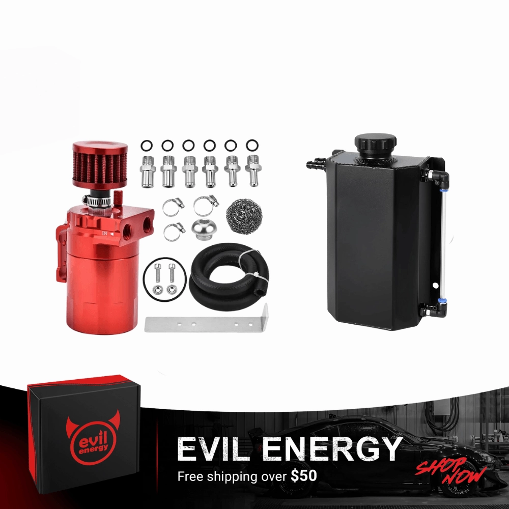 EVIL ENERGY Overflow Tank & Baffled Oil Catch Can Kit Universal Aluminum| Coolant Reservoir with 300ml Breather Filter Catch Can