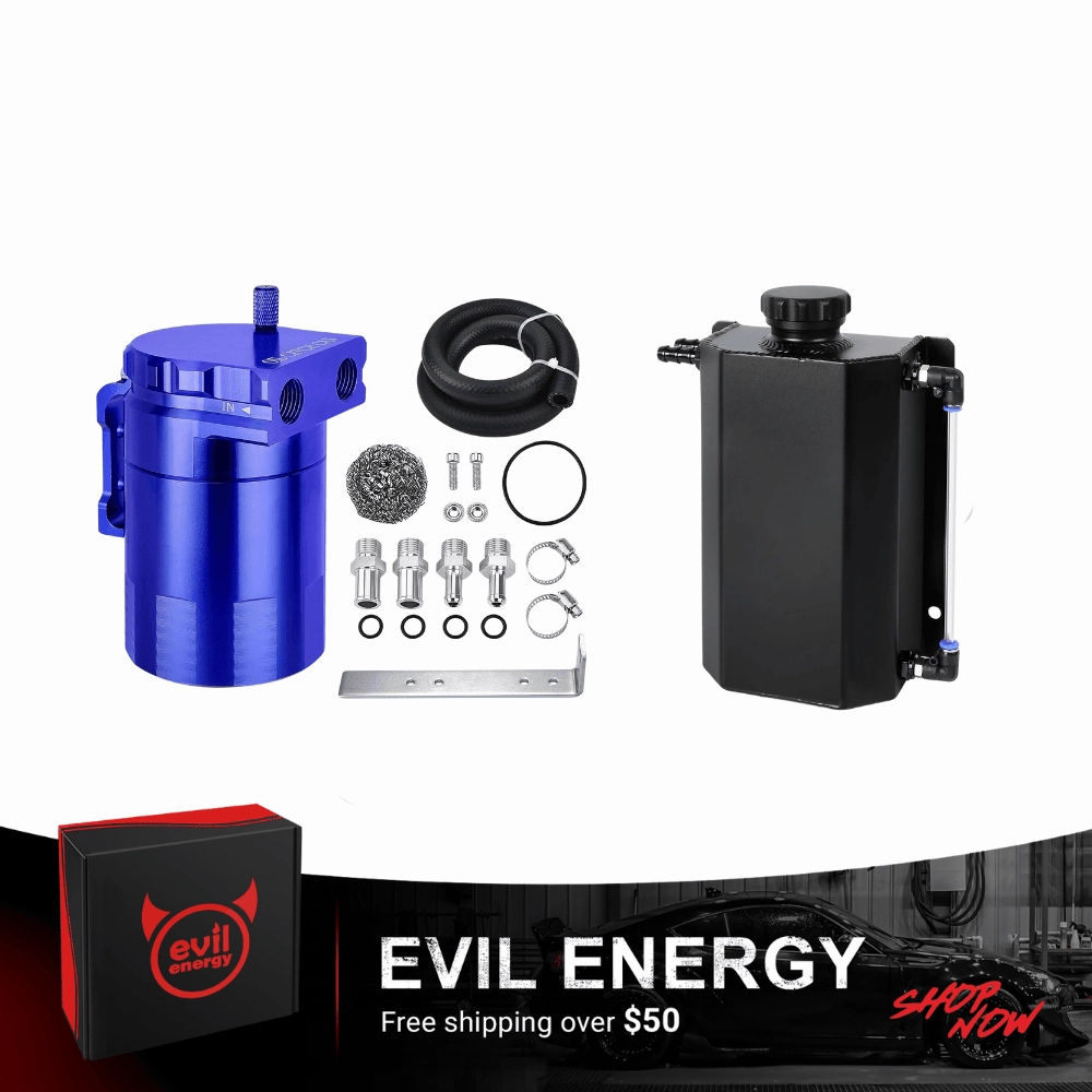 EVIL ENERGY Overflow Tank & Baffled Oil Catch Can Kit Universal Aluminum| Coolant Reservoir with 300ml Breather Filter Catch Can
