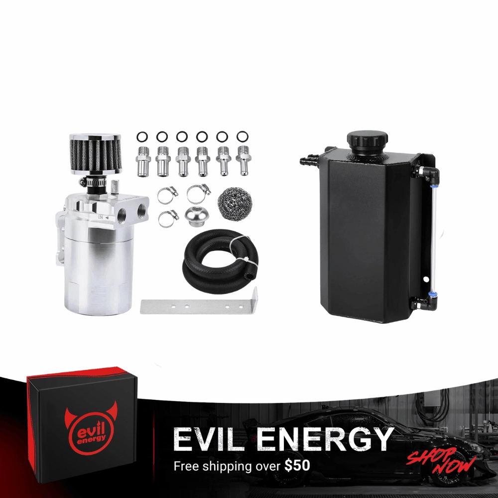 EVIL ENERGY Overflow Tank & Baffled Oil Catch Can Kit Universal Aluminum| Coolant Reservoir with 300ml Breather Filter Catch Can