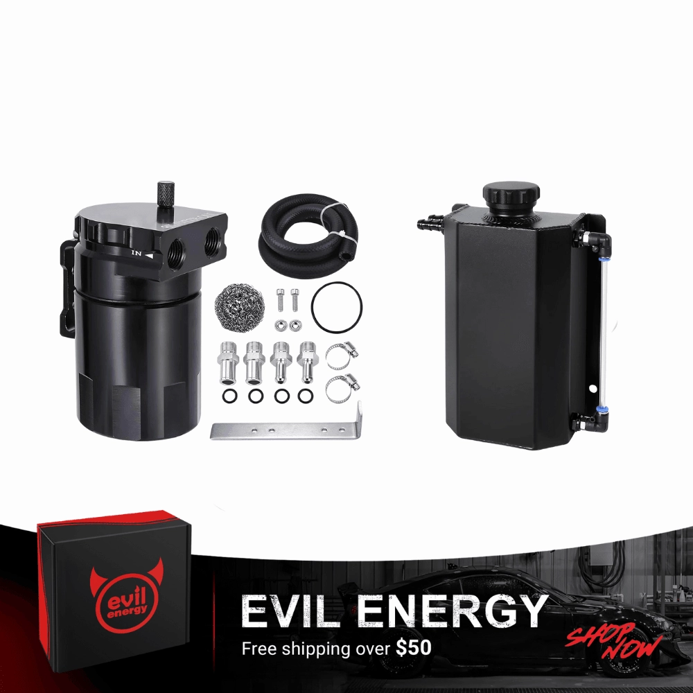 EVIL ENERGY Overflow Tank & Baffled Oil Catch Can Kit Universal Aluminum| Coolant Reservoir with 300ml Breather Filter Catch Can