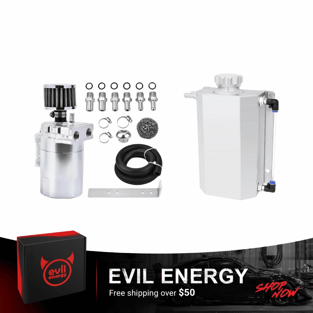 EVIL ENERGY Overflow Tank & Baffled Oil Catch Can Kit Universal Aluminum| Coolant Reservoir with 300ml Breather Filter Catch Can