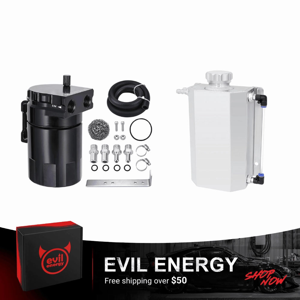 EVIL ENERGY Overflow Tank & Baffled Oil Catch Can Kit Universal Aluminum| Coolant Reservoir with 300ml Breather Filter Catch Can