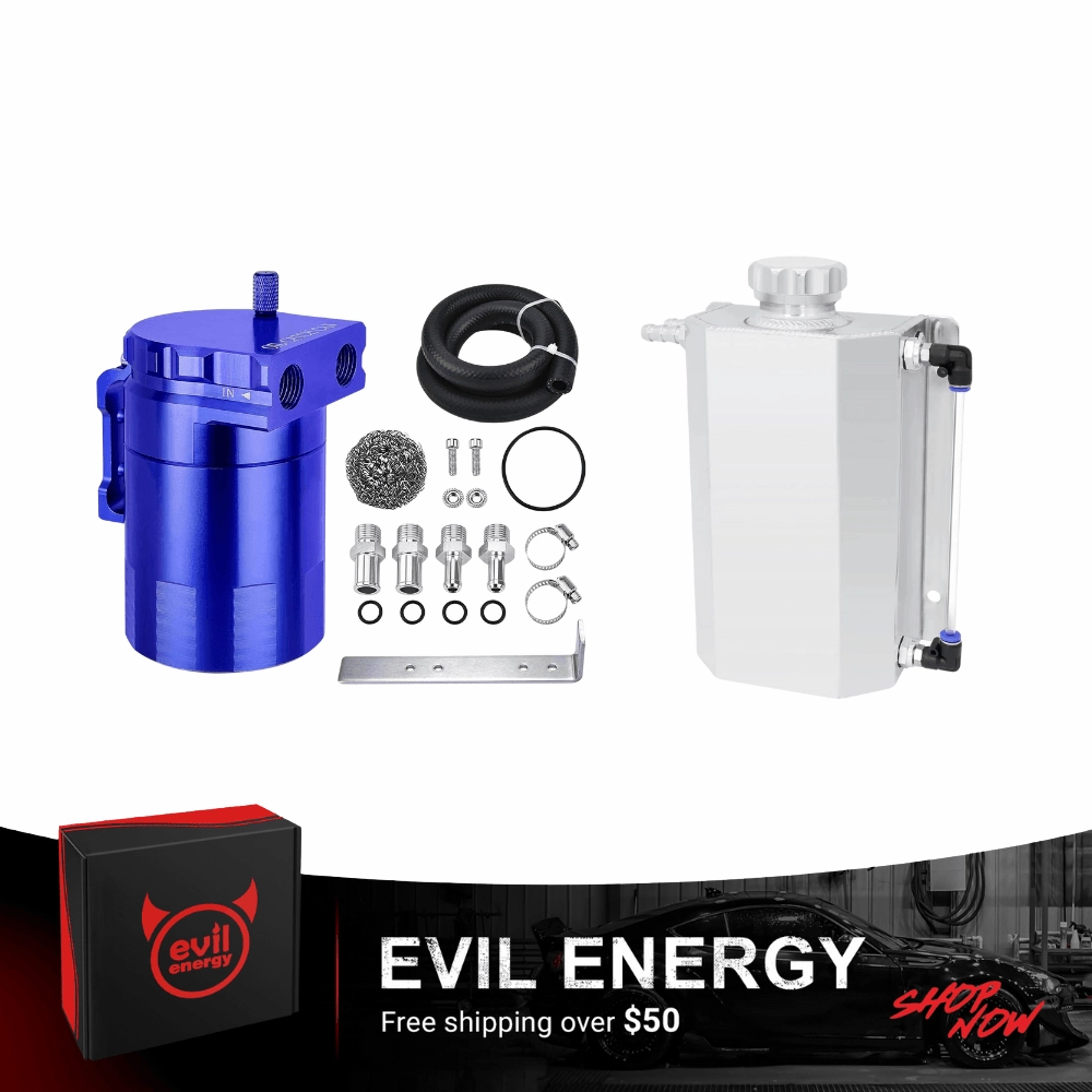 EVIL ENERGY Overflow Tank & Baffled Oil Catch Can Kit Universal Aluminum| Coolant Reservoir with 300ml Breather Filter Catch Can