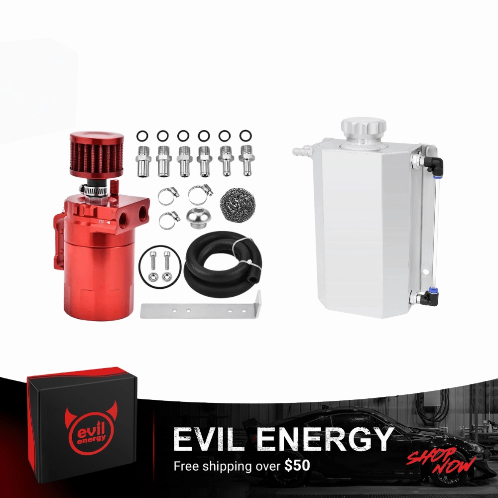 EVIL ENERGY Overflow Tank & Baffled Oil Catch Can Kit Universal Aluminum| Coolant Reservoir with 300ml Breather Filter Catch Can