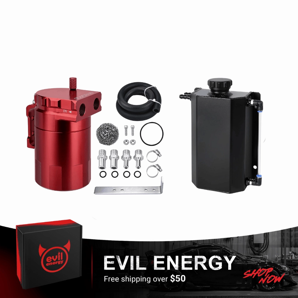 EVIL ENERGY Overflow Tank & Baffled Oil Catch Can Kit Universal Aluminum| Coolant Reservoir with 300ml Breather Filter Catch Can