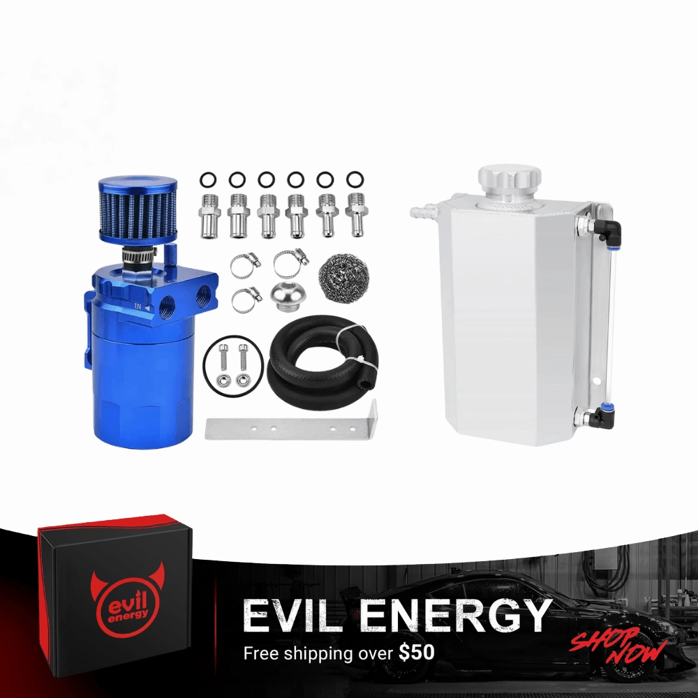 EVIL ENERGY Overflow Tank & Baffled Oil Catch Can Kit Universal Aluminum| Coolant Reservoir with 300ml Breather Filter Catch Can