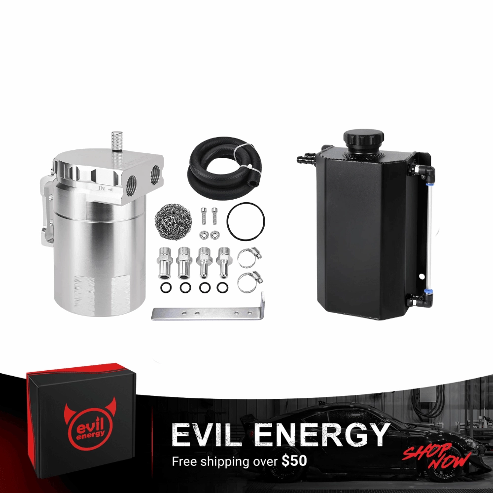 EVIL ENERGY Overflow Tank & Baffled Oil Catch Can Kit Universal Aluminum| Coolant Reservoir with 300ml Breather Filter Catch Can