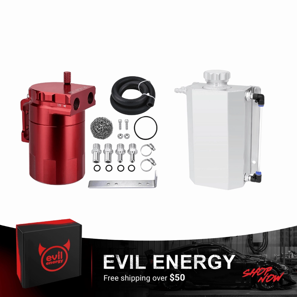 EVIL ENERGY Overflow Tank & Baffled Oil Catch Can Kit Universal Aluminum| Coolant Reservoir with 300ml Breather Filter Catch Can