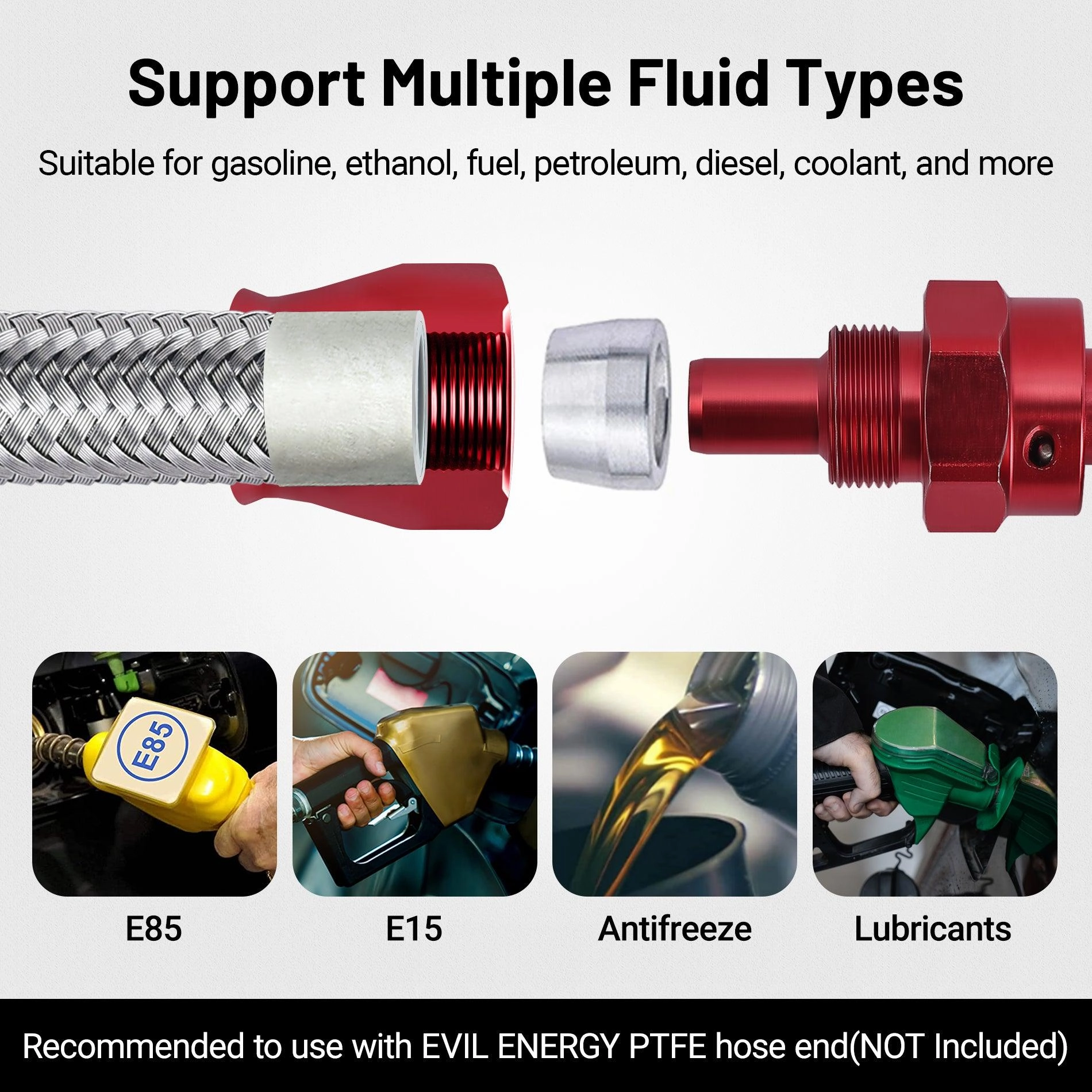 EVIL ENERGY PTFE Fuel Hose Line E85 6/8/10AN Stainless Steel Braided 10FT Silver