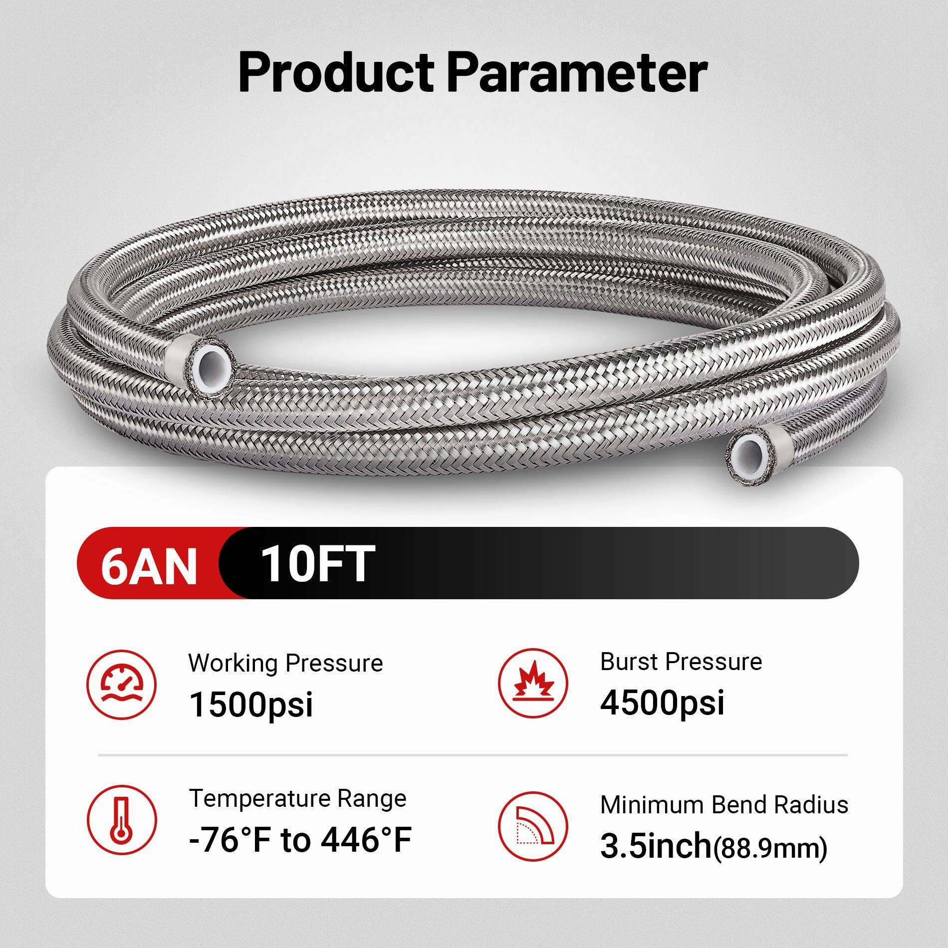 EVIL ENERGY PTFE Fuel Hose Line E85 6/8/10AN Stainless Steel Braided 10FT Silver