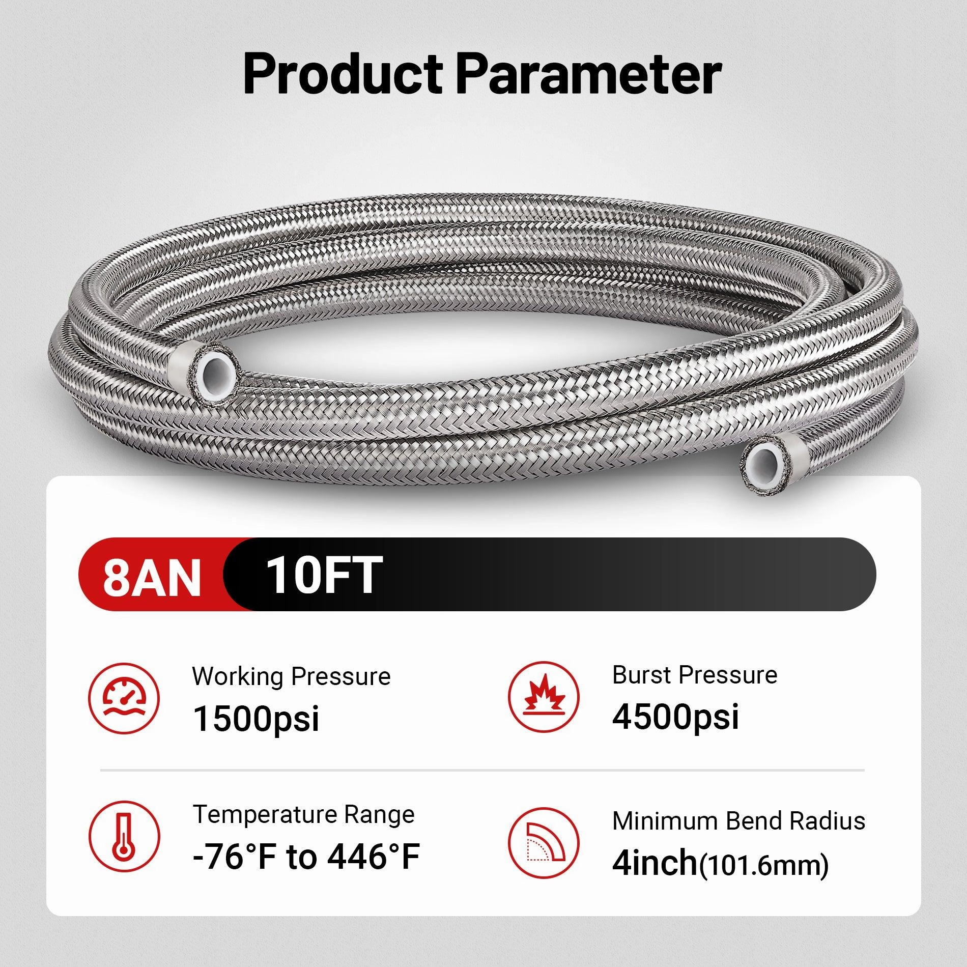 EVIL ENERGY PTFE Fuel Hose Line E85 6/8/10AN Stainless Steel Braided 10FT Silver