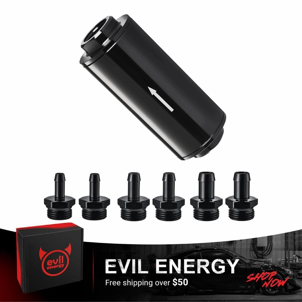 Evil Energy Universal Inline Fuel Filter - 10/30/40/100 Micron Stainless Steel Element w/1/2", 3/8", 5/16" Barb Adapters (Gas/Diesel/E85 Compatible) - Aluminum Black