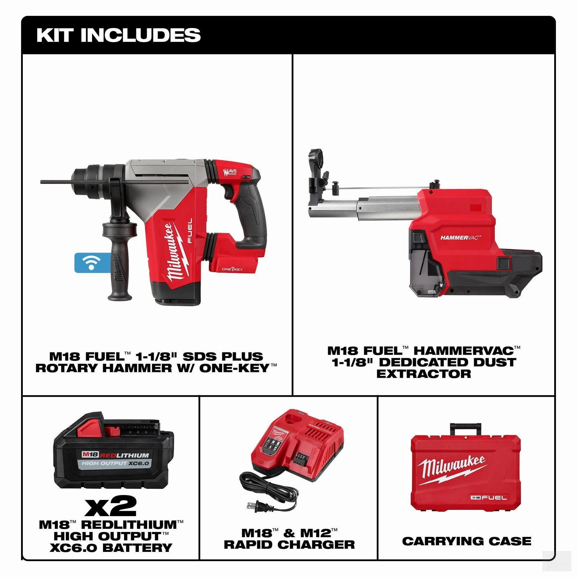 Milwaukee M18 FUEL 1-1/8in SDS Plus Rotary Hammer w/ ONE-KEY and HAMMERVAC Dedicated Dust Extractor Kit (2915-22DE)