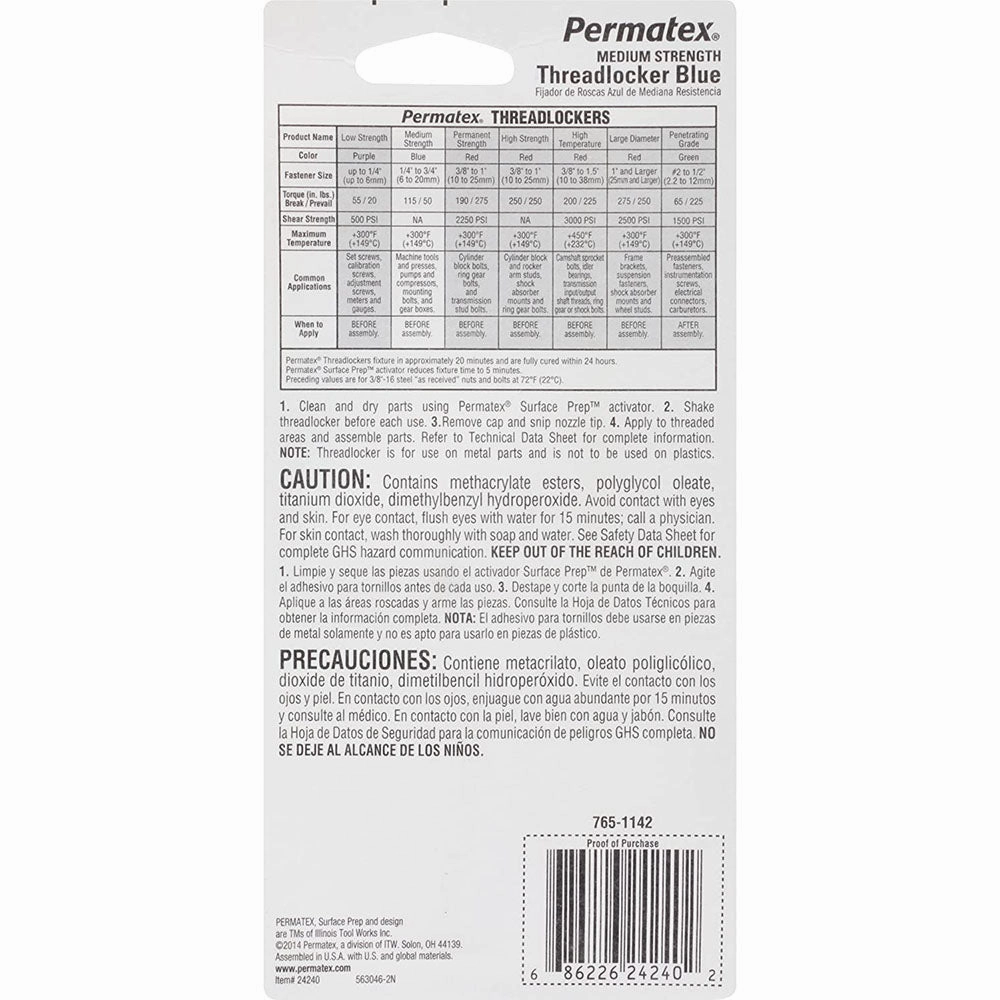 PERMATEX 24240 Medium Strength Threadlocker Blue, 36 ml